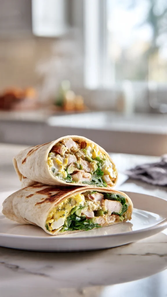Protein breakfast wrap on plate with eggs, turkey, avocado, and spinach