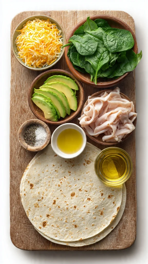 Ingredients for protein breakfast wrap laid out on a board