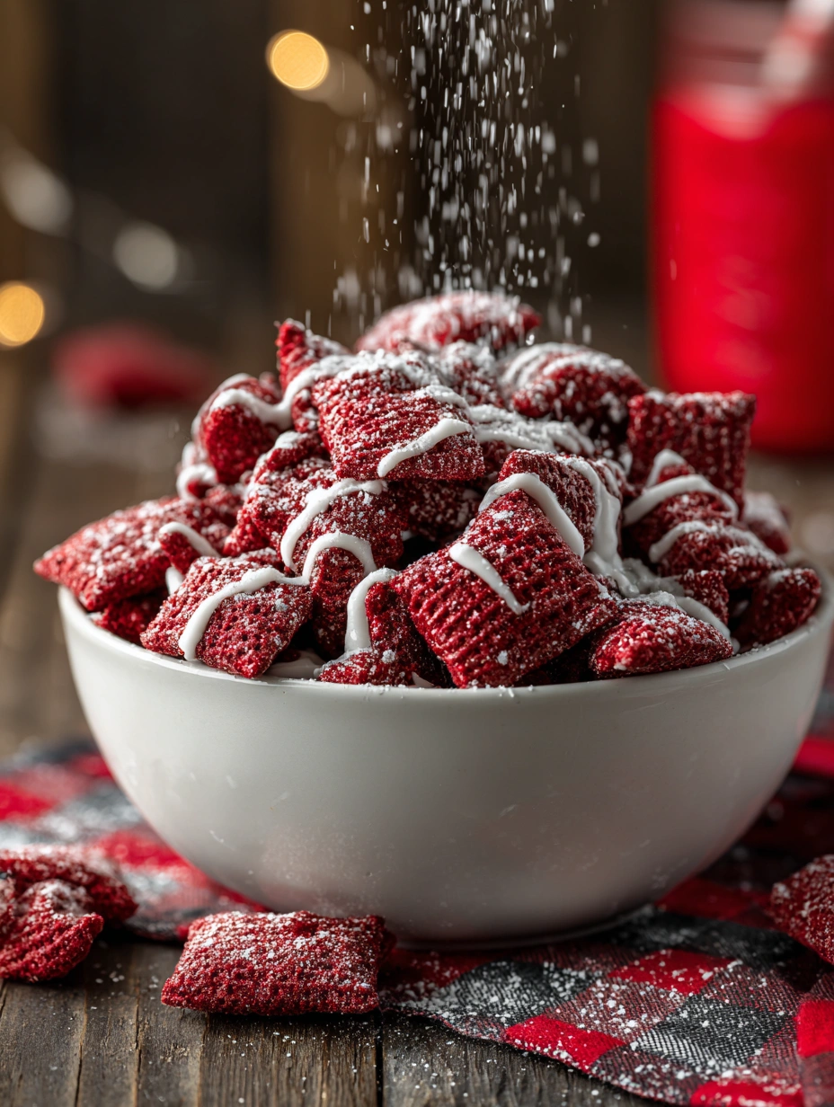 Red Velvet Puppy Chow finished dessert snack mix