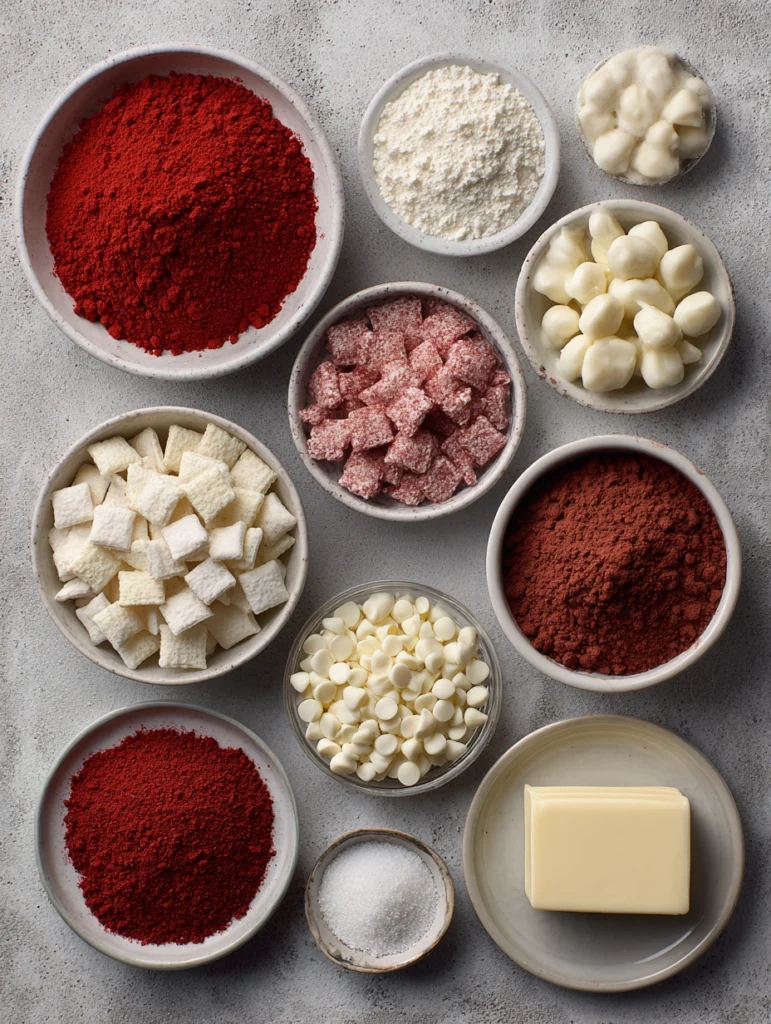 Red Velvet Puppy Chow ingredients arranged in flat-lay style