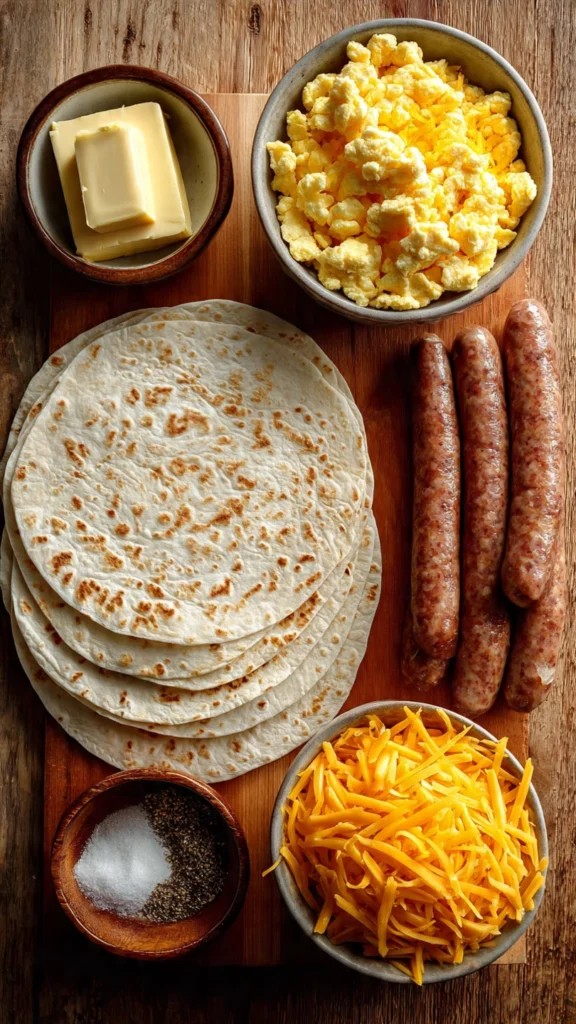Ingredients for Sausage Egg & Cheese Roll-Ups including tortillas, eggs, sausage, and cheese