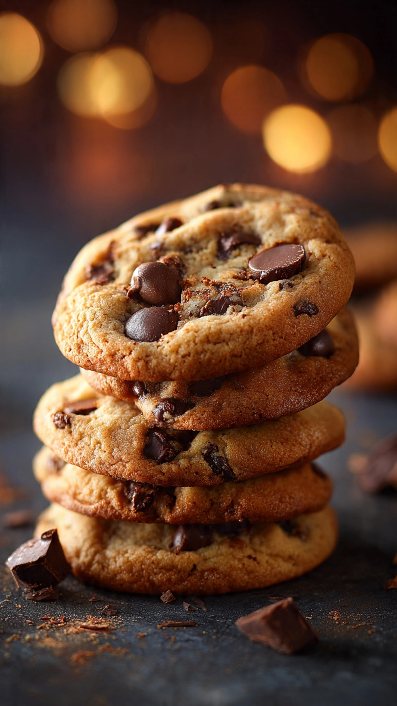 small batch chocolate chip cookies stacked on a rustic surface