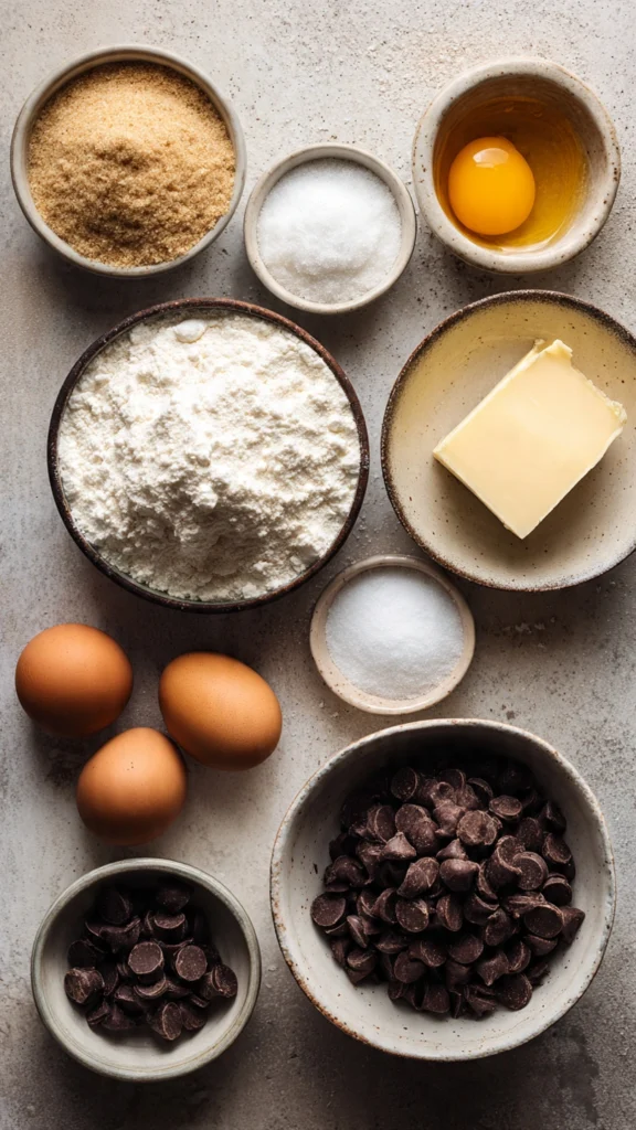 ingredients for small batch chocolate chip cookies arranged neatly