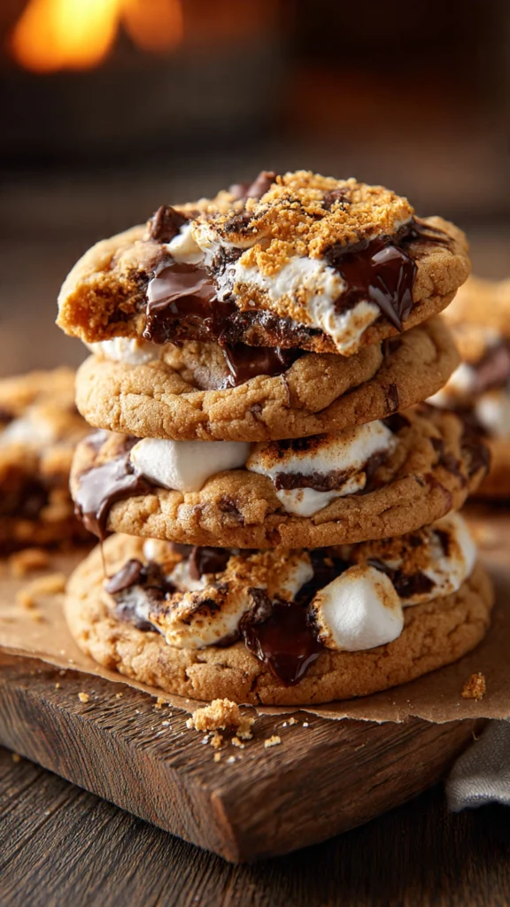 s’mores chocolate chip cookies with melted marshmallows and chocolate chunks
