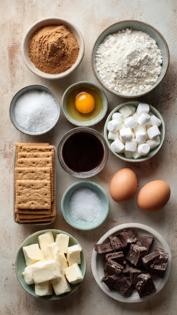 ingredients for s’mores chocolate chip cookies arranged in a flat-lay
