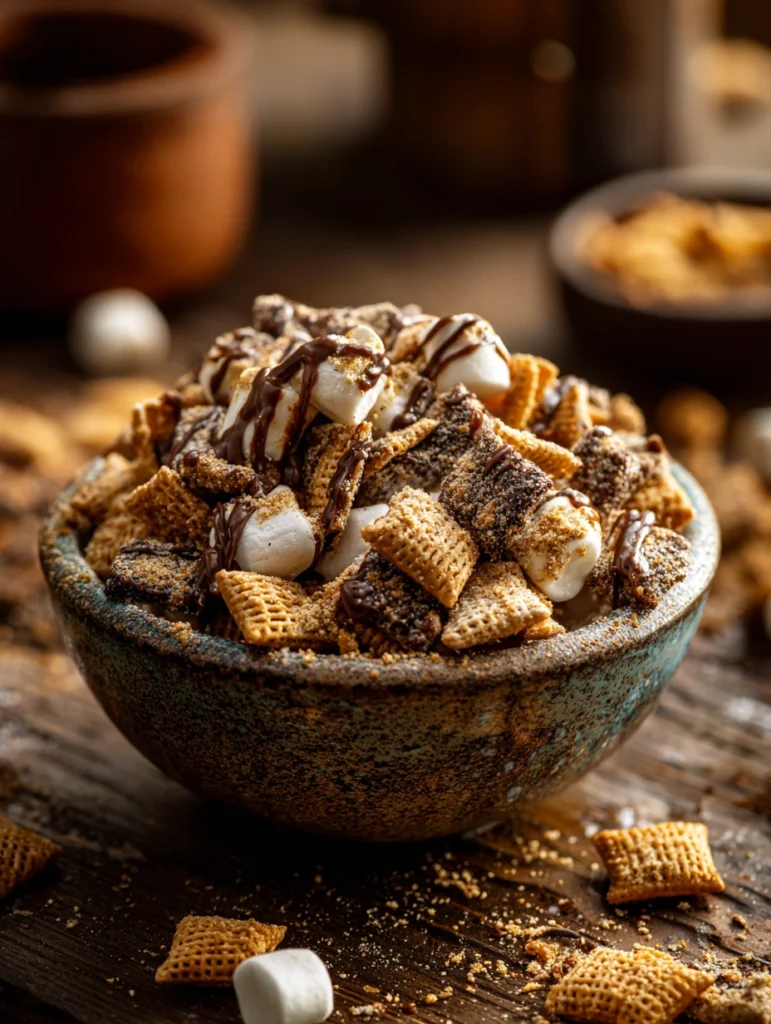 S’mores Puppy Chow Mix finished snack with chocolate, marshmallows, and graham cracker