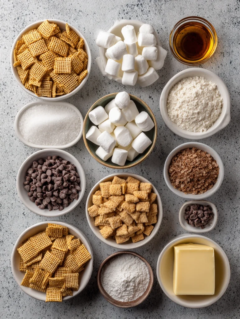 S’mores Puppy Chow Mix ingredients flat-lay including cereal, chocolate, and marshmallows
