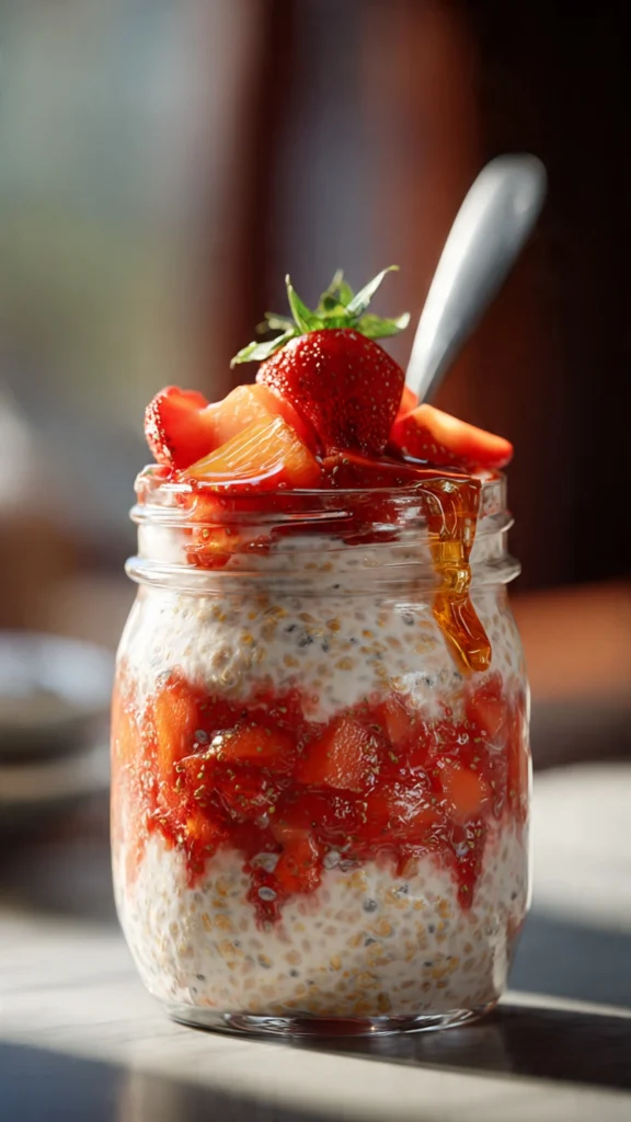 Strawberry overnight oats served in a glass jar with fresh strawberries.