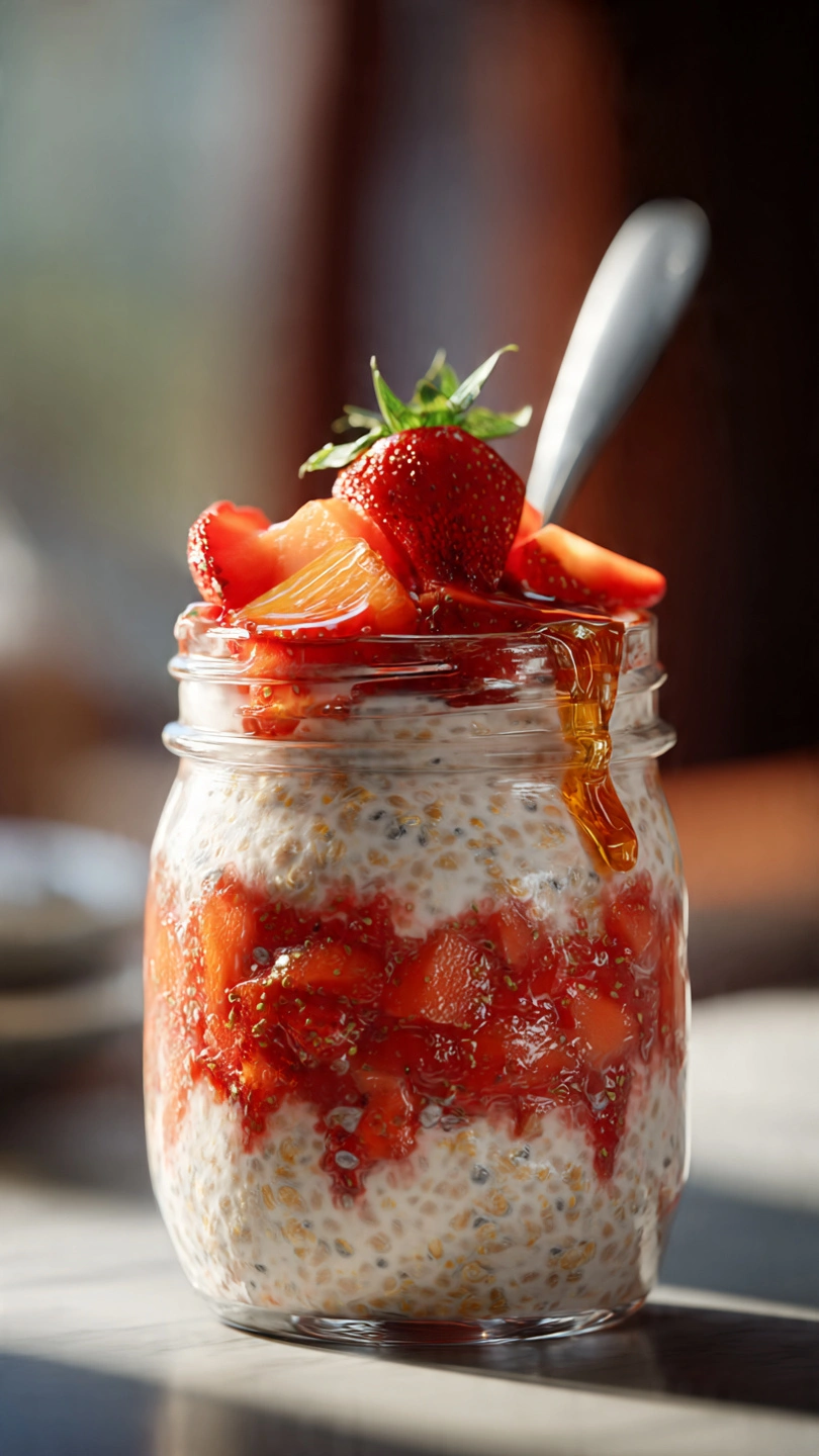 Strawberry overnight oats served in a glass jar with fresh strawberries.