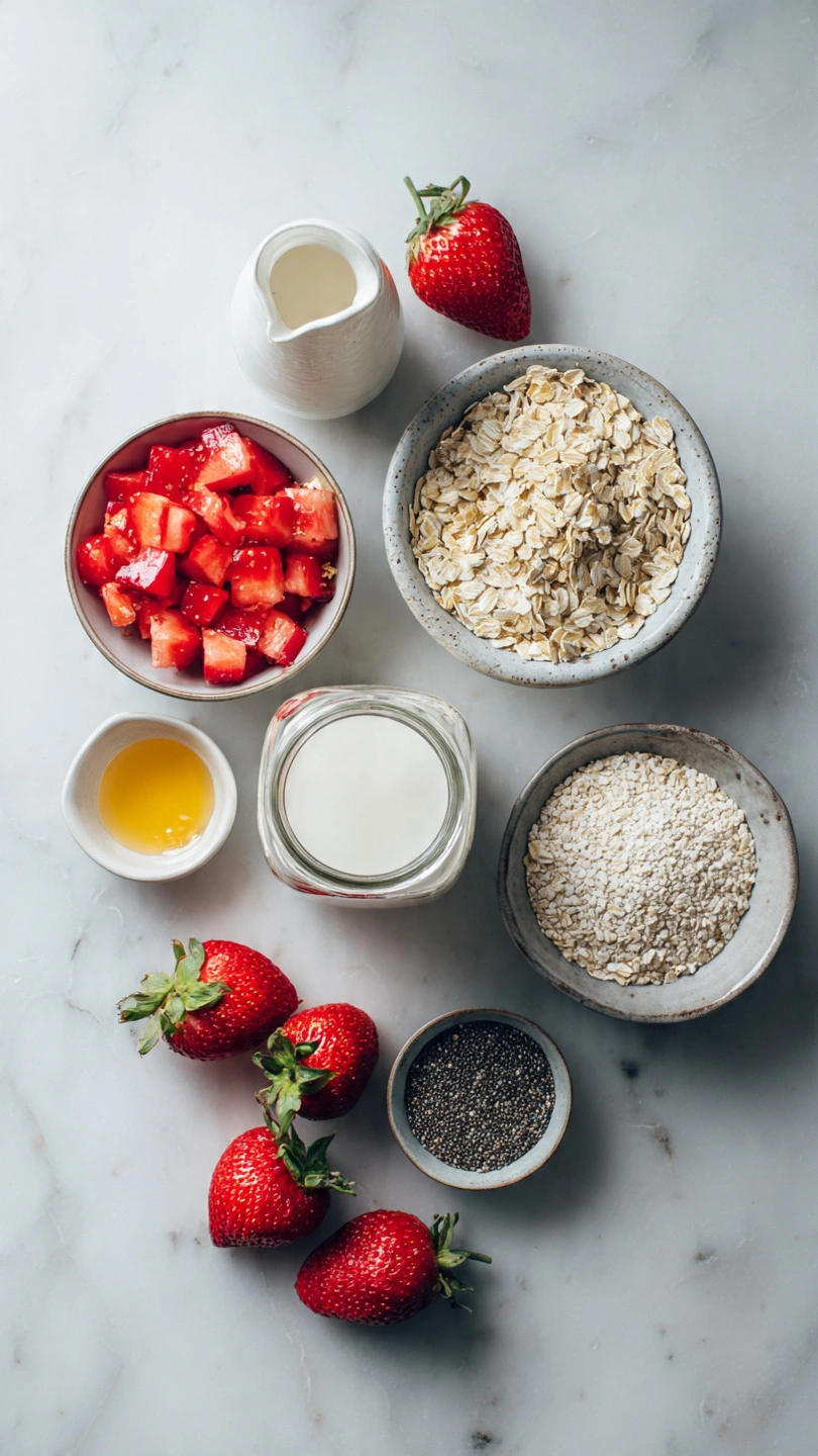 Ingredients for strawberry overnight oats laid out on a marble surface.