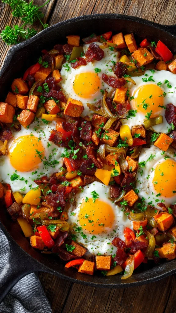 Sweet potato breakfast hash with eggs, peppers, and bacon in a skillet.