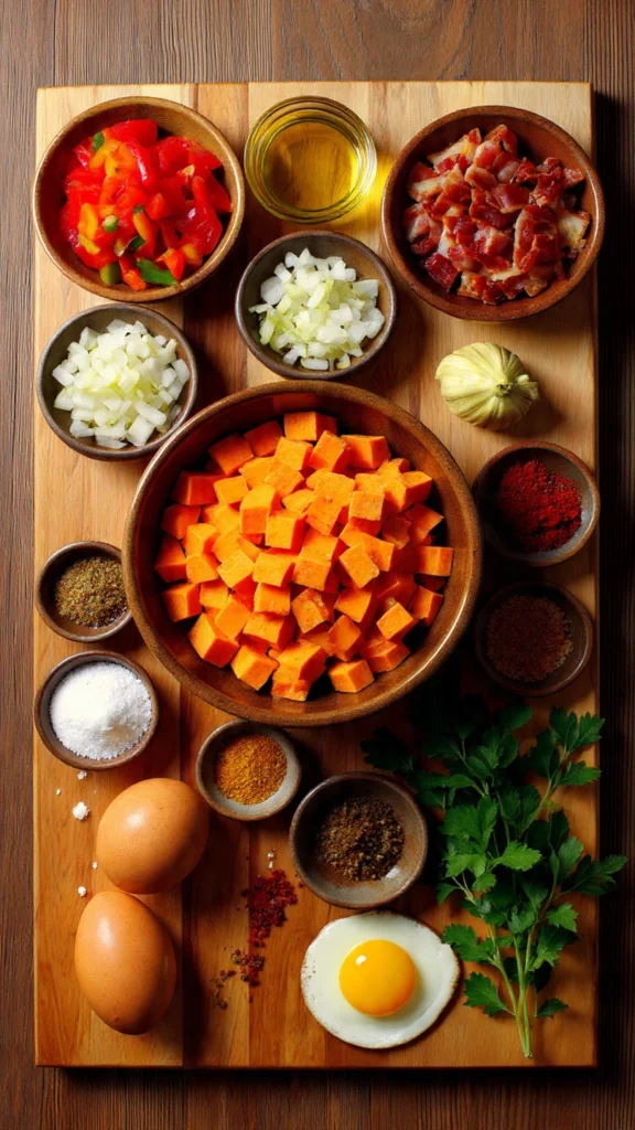 Ingredients for sweet potato breakfast hash arranged on a wooden board.