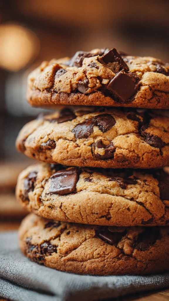 thick Levain-style chocolate chip cookies stacked with melted chocolate chunks
