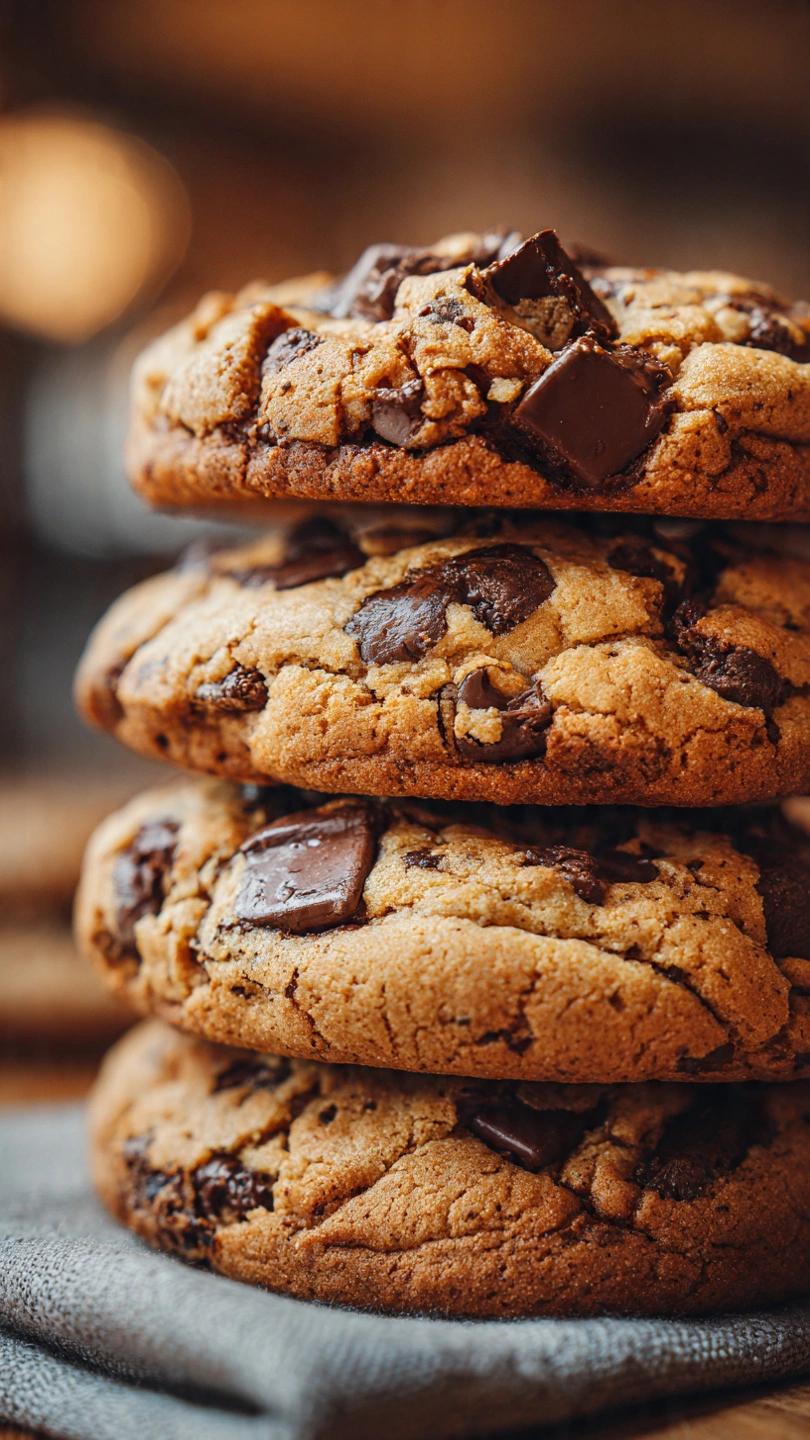 thick Levain-style chocolate chip cookies stacked with melted chocolate chunks