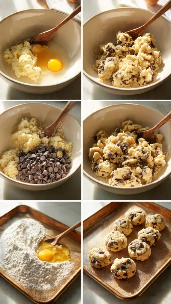 preparation steps for thick Levain-style chocolate chip cookies