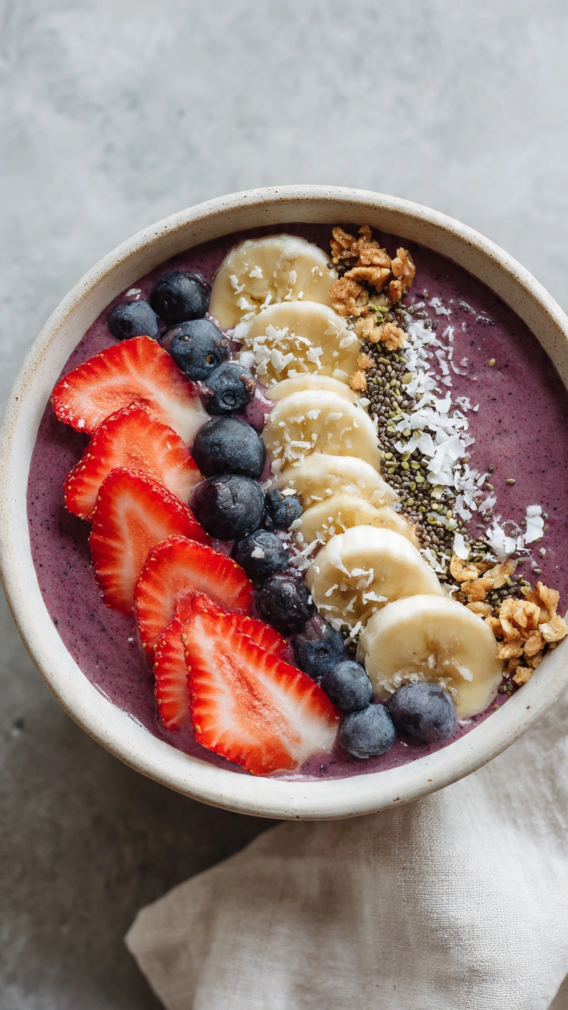 Ultimate smoothie bowl topped with fruit, granola, and chia seeds.