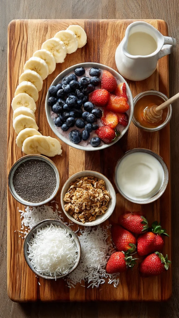 Ingredients for the ultimate smoothie bowl arranged on a wooden board.