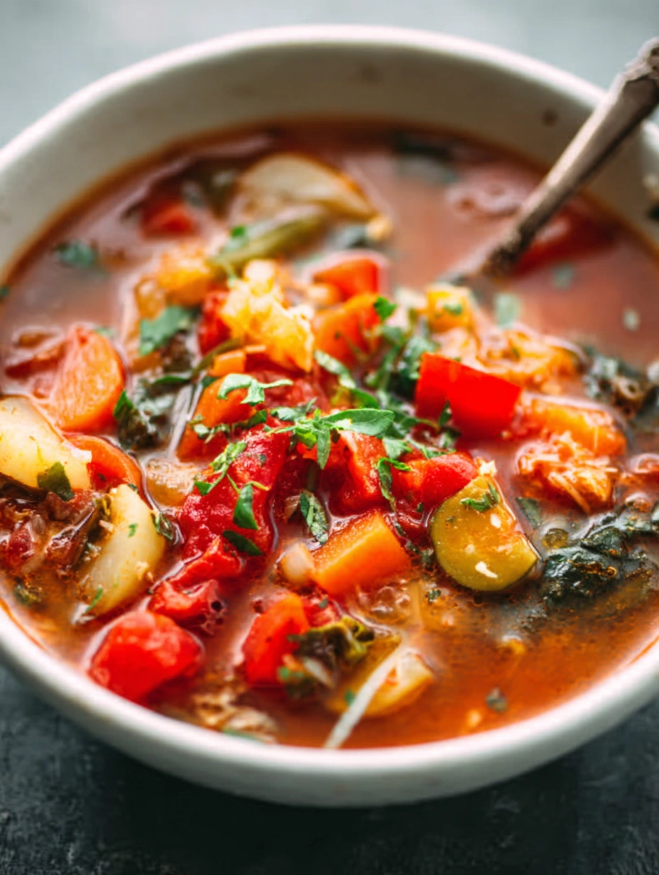 Homemade vegetable soup recipe with colorful vegetables and fresh herbs