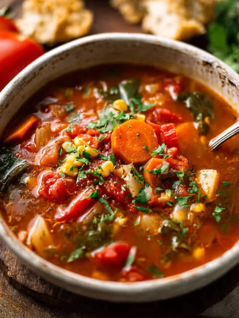 Vegetable soup recipe served with fresh bread and parsley garnish