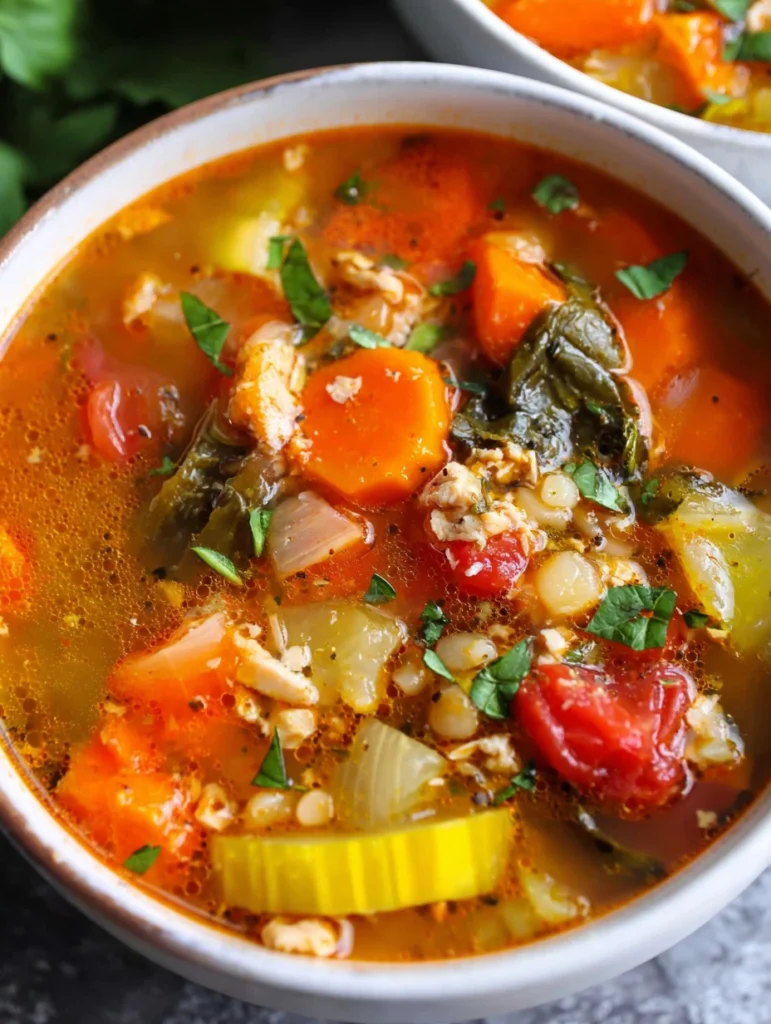 Weight Loss Soup Turkey Vegetable Soup served with parsley and lemon wedges for a light meal