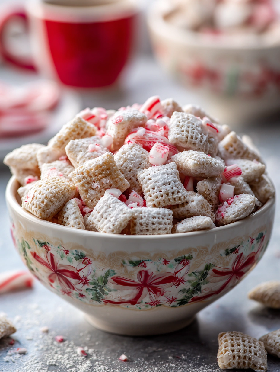 White Chocolate Peppermint Puppy Chow featured dessert image with holiday styling