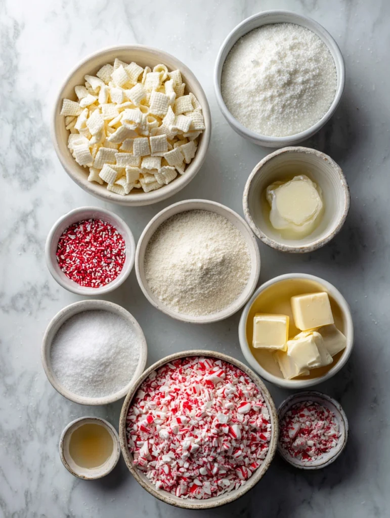 White Chocolate Peppermint Puppy Chow ingredients displayed on a flat-lay surface