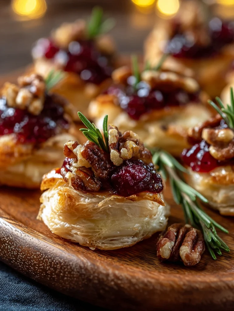 Baked cranberry brie bites with pecans and rosemary on wooden platter