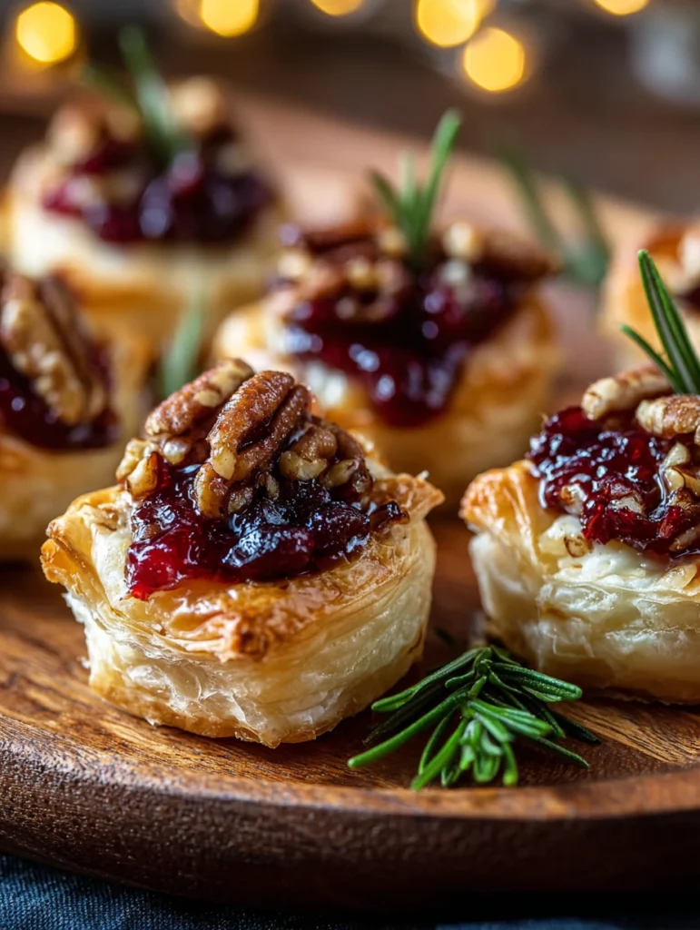 Baked cranberry brie bites served on wooden platter for holiday party