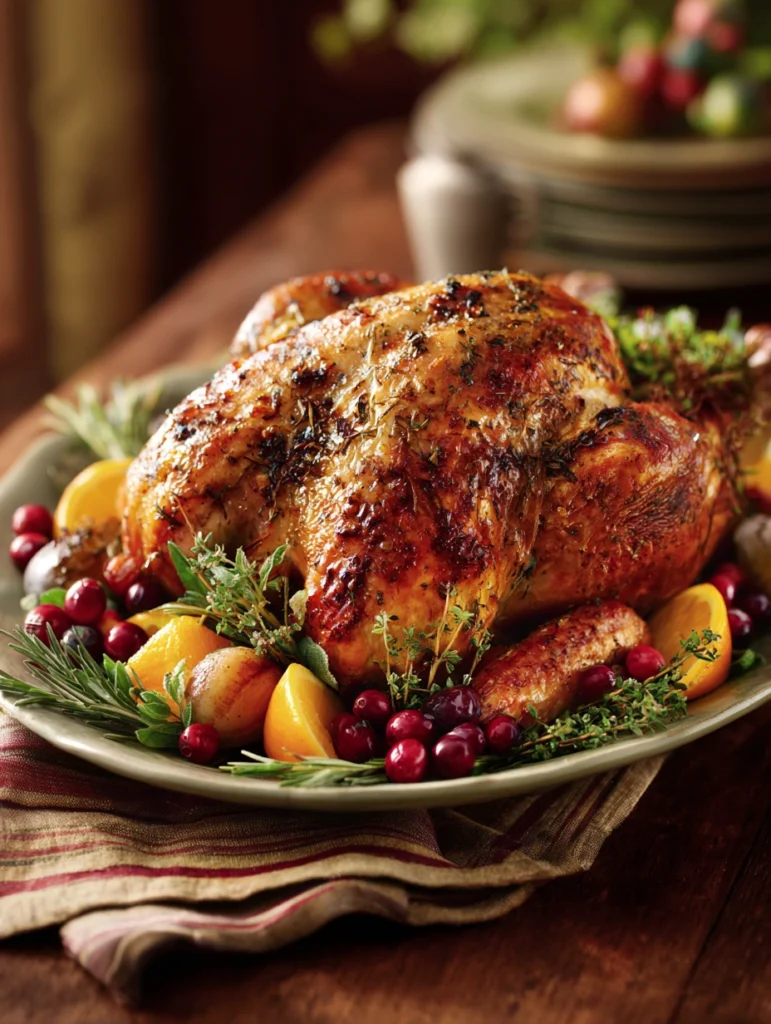 Thanksgiving Turkey Recipe on platter with herbs and citrus