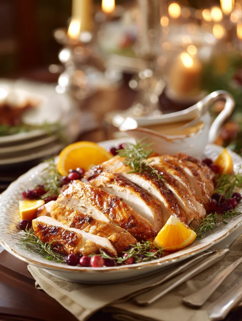 Thanksgiving Turkey Recipeserved with gravy and herbs