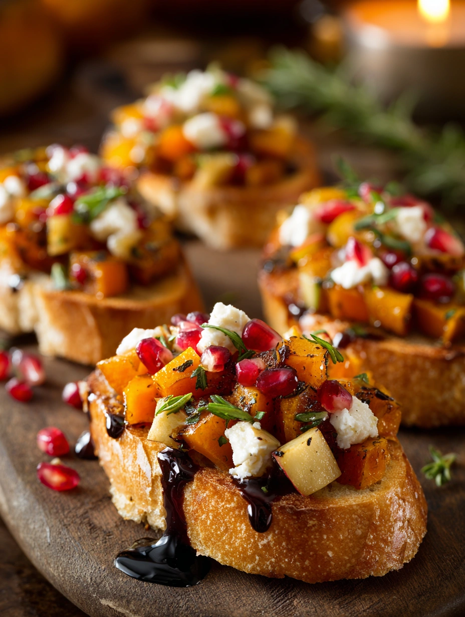 Bruschetta with butternut squash, apples, and pomegranate on toasted bread
