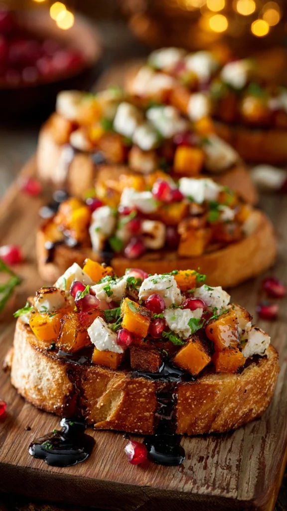 Fall bruschetta with butternut squash and apples served on wooden board