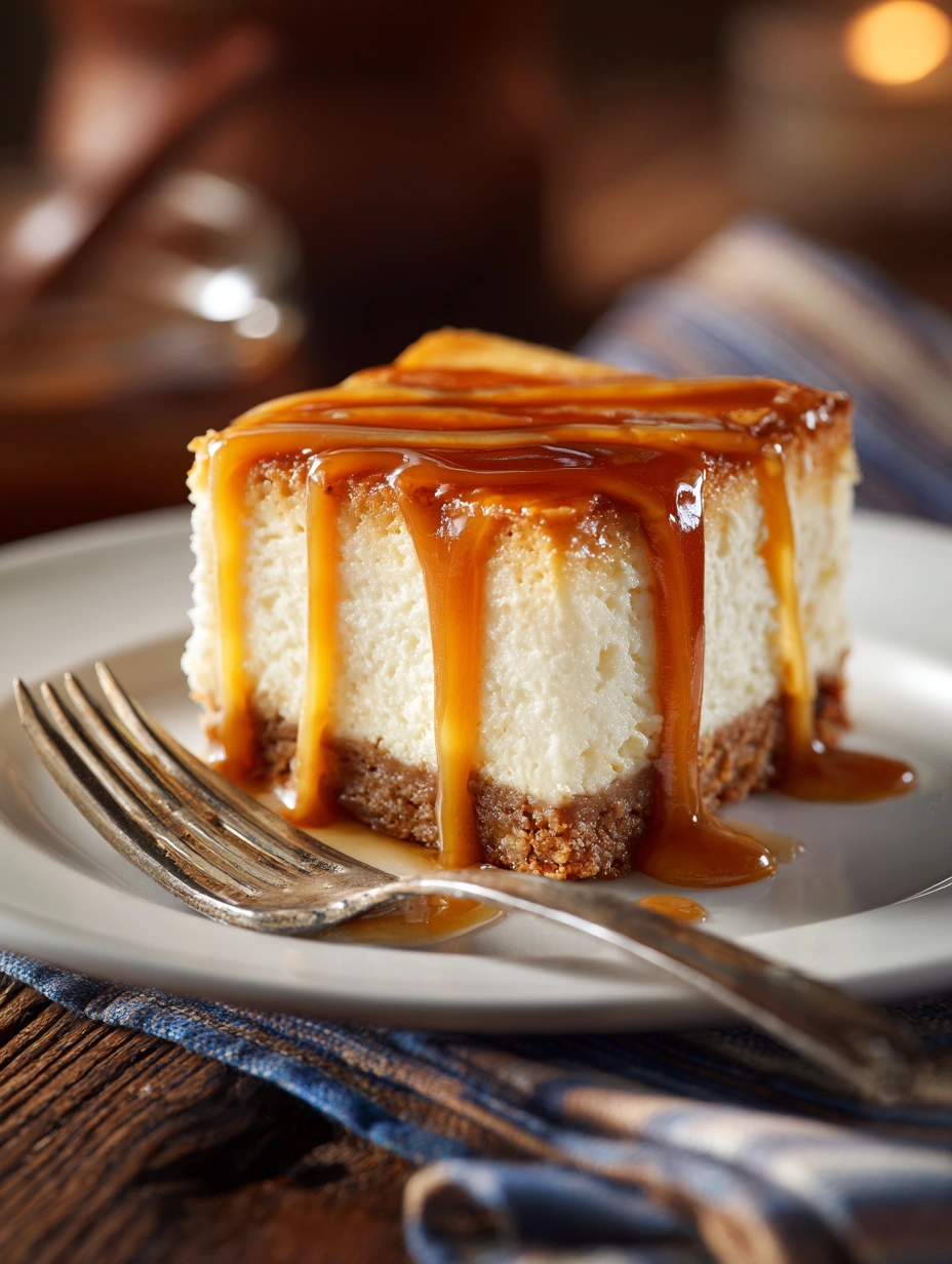 Caramel apple cheesecake bars stacked on plate with caramel drizzle