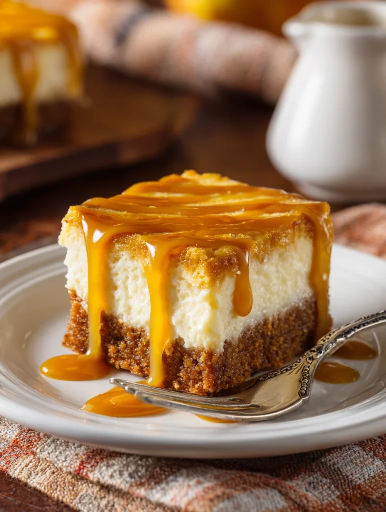 Slice of caramel apple cheesecake bar served with caramel drizzle