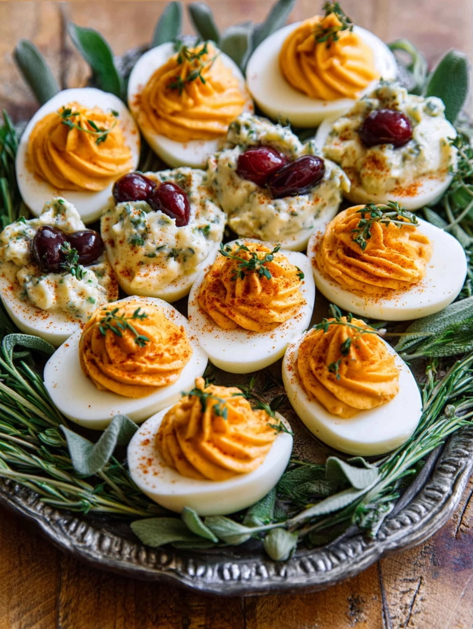 Thanksgiving Appetizer Deviled Eggs 1 Thanksgiving appetizer platter with deviled eggs and festive décor