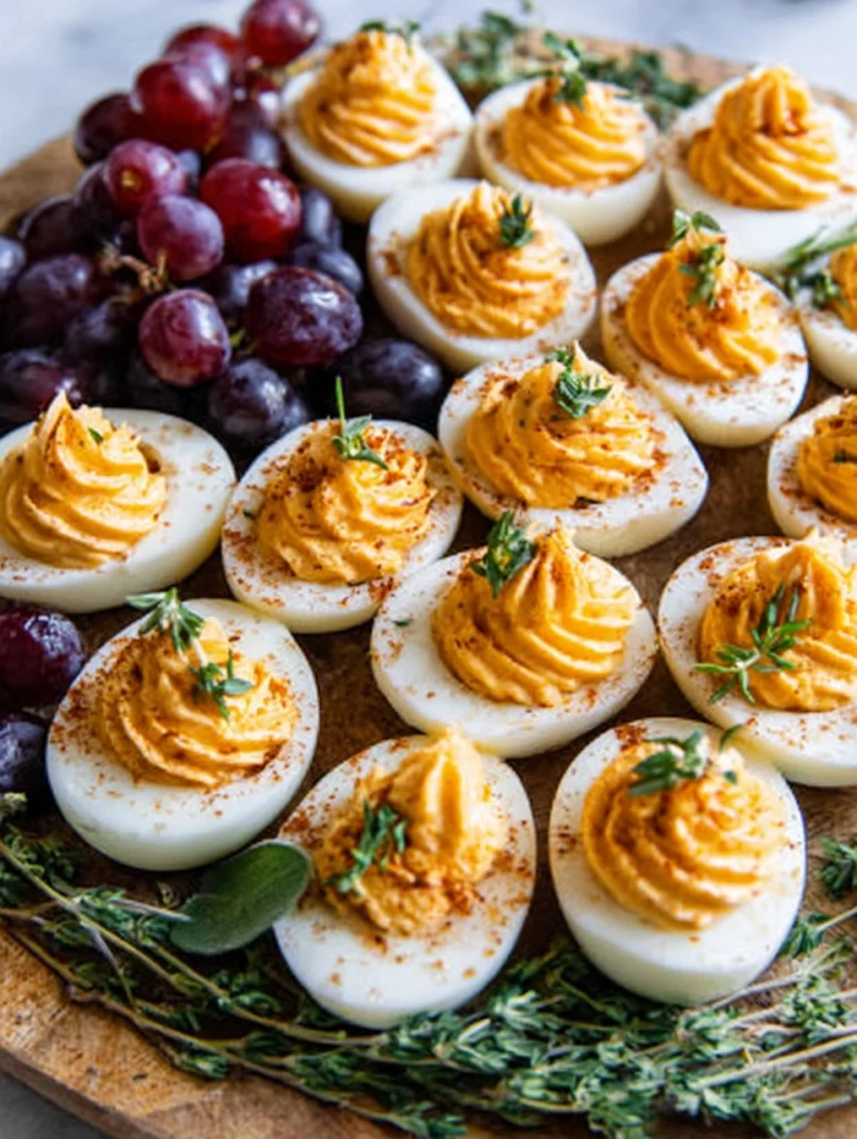 Thanksgiving Appetizer Deviled Eggs 2 Thanksgiving Appetizer Deviled Eggs with orange filling and herb garnish on wooden platter